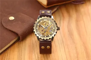 Detail view of Shenhua automatic mechanical watch with bronze skeleton dial