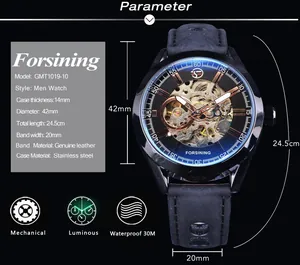 Vista detallada del reloj automático Forsining con esfera de esqueleto y parámetros.
