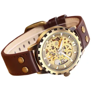 Shenhua vintage bronze gear automatic mechanical men's watch featuring a brown leather strap
