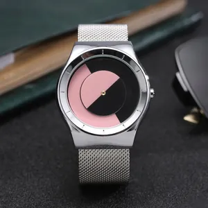 Montre à quartz conceptuelle PAIDU avec cadran rotatif rose et noir et bracelet maille