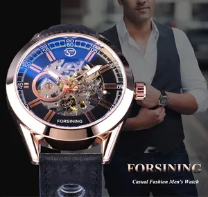 Vista detallada del reloj mecánico automático Forsining en oro rosa con correa de cuero