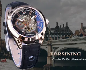 Reloj automático esqueleto FORSINING para hombre con caja de oro rosa y correa negra