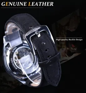 Detalle del reloj mecánico Forsining para hombre con correa de cuero negro y hebilla