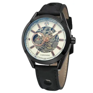 Reloj mecánico automático casual Forsining para hombre con esfera de esqueleto y correa de cuero