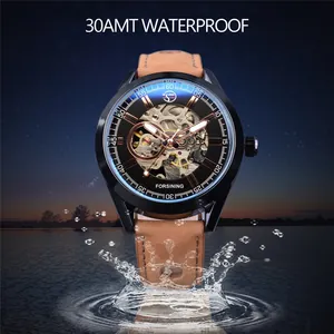 Reloj mecánico automático esqueleto Forsining para hombre con correa de cuero marrón 30ATM.