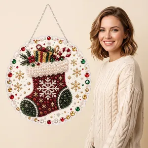 Christmas DIY Pearl Art Diamond Painting Hanging Kit Acrylic Rhinestone Santa Claus Reindeer Wreath Home Wall Decor Gift