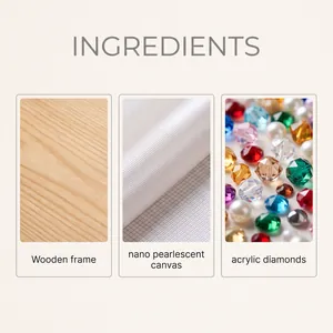 Detail of wooden frame, pearlescent canvas, and colorful acrylic diamond beads