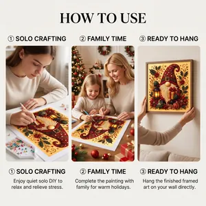 Instructional guide showing solo DIY, family crafting, and hanging finished gnome art.
