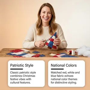 Vista dettagliata di una donna che realizza un set patchwork di albero di Natale patriottico