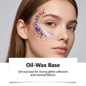 Detalle de maquillaje con purpurina roja blanca y azul para rostro con base de cera