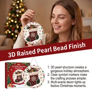 Woman holding circular Christmas stocking pearl art ornament DIY kit with 3D beads