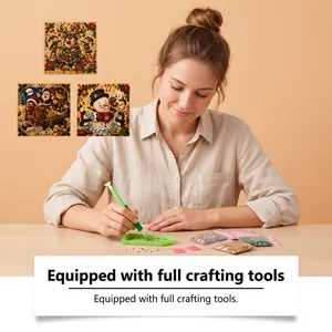 Woman using a festive Christmas DIY diamond painting kit with all essential tools included.