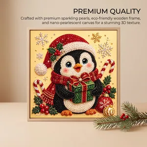 Detailed view of Christmas penguin pearl painting with 3D texture and wood frame