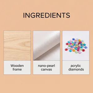 Componentes del kit: marco de madera, lienzo perlado y diamantes acrílicos de colores para DIY.