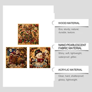 Detail showing Christmas DIY painting kit materials: wood, pearlescent fabric, and acrylic