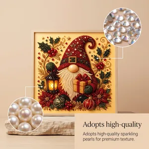 Close-up detail of high-quality pearls and sparkling rhinestones on gnome diamond art.