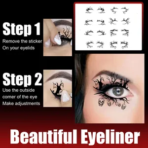 Guide showing how to apply Halloween eyeliner stickers with skull and bat patterns