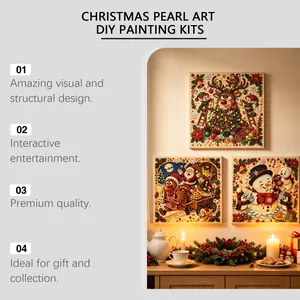 Detailed view of finished Christmas pearl art kits featuring reindeer, Santa, and snowman.