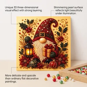 Close-up of 3D Christmas gnome pearl painting showing shimmering bead texture