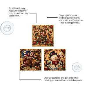 Details of three festive DIY pearl art paintings with reindeer, snowman and Santa.