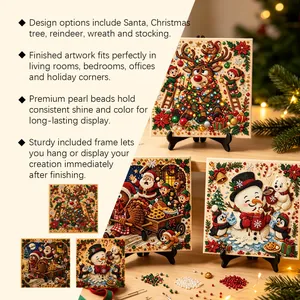 Detailed view of finished Christmas pearl bead art displayed on tabletop stands.