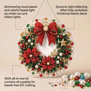 Detail view of DIY Christmas pearl wreath art kit with shimmering colorful beads.
