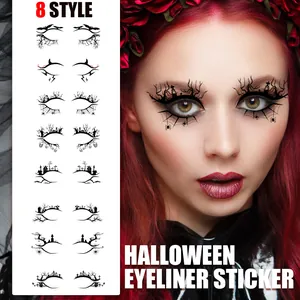 Detailed view of 8 unique Halloween eyeliner sticker styles with spider and bat motifs