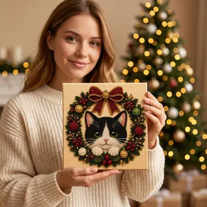 DIY Christmas Pearl Art Kit Handmade Retro Wooden Frame Nano Fabric Acrylic Rhinestone Animal Pattern For Home Decor