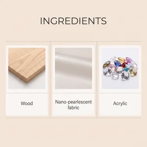 Detailed view of kit materials including natural wood, pearlescent fabric and acrylic gems