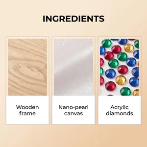 Detail of premium DIY art kit materials: wooden frame, pearl canvas and acrylic diamonds.