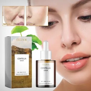 Close-up of EELHOE Centella Serum packaging and bottle showing skin transformation results