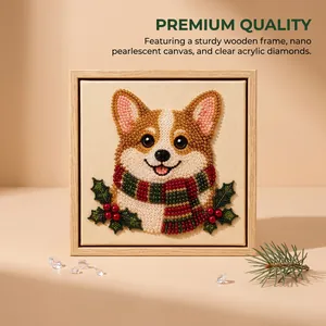 Corgi diamond painting art kit in a sturdy wooden frame for festive Christmas home decor