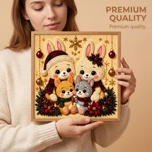 Exquisite Christmas pearl diamond painting with rabbit family in wood frame