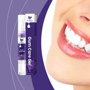 Primer plano del gel para encías Oralhoe con detalle de una sonrisa blanca y brillante