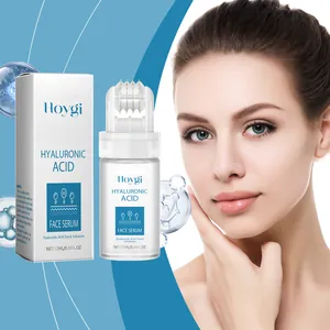 Beautiful model with glowing skin next to Hoygi Hyaluronic Acid Roller Serum and box