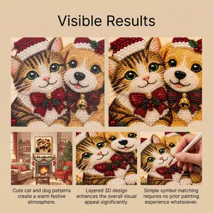 DIY 5D Christmas diamond painting kit featuring cute cat and dog with festive 3D holiday details.