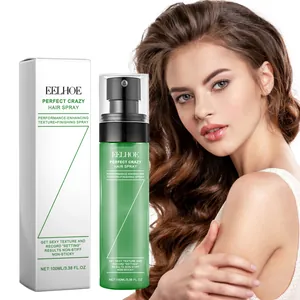 Detailed shot of EELHOE hair styling spray with model showing volumized wavy hair