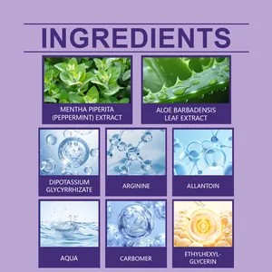 Detalle de los ingredientes del gel morado para encías con extracto de menta.