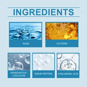 Detailed ingredients list of hyaluronic acid serum showing aqua, glycerin, and serum protein.