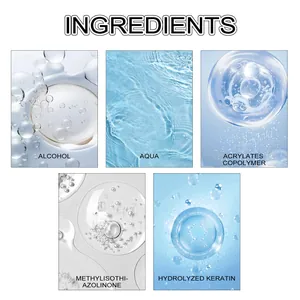 Detail showing ingredients of hair volumizing styling spray including hydrolyzed keratin