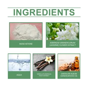 Elenco dettagliato degli ingredienti con muschio, gelsomino, acqua, vaniglia e sandalo