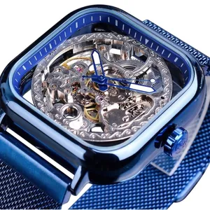 FORSINING Men Skeleton Automatic Mechanical Watch Luxury Square Alloy Case Milanese Mesh Band Fashion Luminous Analog Watch