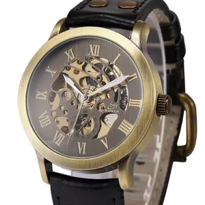 Reloj automático esqueleto Shenhua para hombre en bronce vintage con correa de cuero