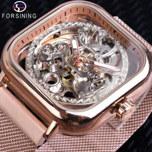 Forsining men's rose gold square skeleton automatic mechanical watch with mesh strap