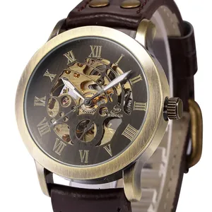 Reloj mecánico automático de esqueleto de bronce vintage con números romanos y correa de cuero