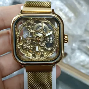 Forsining men's luxury gold square automatic skeleton mechanical watch with mesh strap