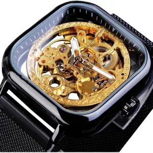 Forsining men's skeleton automatic mechanical watch with black square case and gold movement