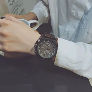 Men's oversized trendy sporty quartz watch with brown leather strap and dark multifunction dial