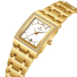 Elegante goldfarbene quadratische Quarzuhr für Damen mit Strass-Lünette und Stahlarmband