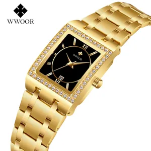 WWOOR Goldene quadratische Quarzuhr für Damen mit Diamantlünette und schwarzem Zifferblatt